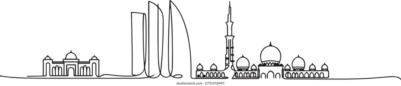 One single line drawing Abu Dhabi city skyline, United Arab Emirates. Historical landscape home decor wall art poster print. Best holiday destination. one line Icon drawing
