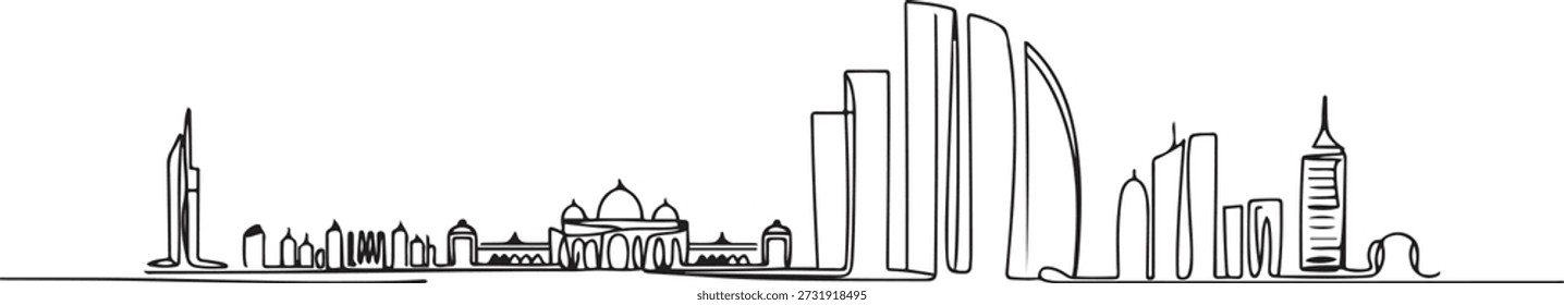 Una sola línea dibujando el horizonte de la ciudad de Abu Dhabi, Emiratos Árabes Unidos. Impresión histórica del cartel del arte de la pared de la decoración casera del paisaje. Mejor destino de vacaciones. dibujo de un icono de línea
