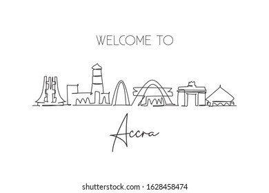 One single line drawing of Accra city skyline, Ghana. World historical town landscape home decor wall art poster print. Best holiday destination. Trendy continuous line draw design vector illustration