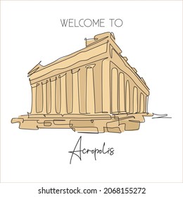 One single line drawing Acropolis temple landmark. World famous ruin in Athens, Greek. Tourism travel postcard home wall decor poster concept. Modern continuous line draw design vector illustration