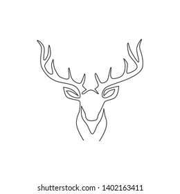 One single line drawing of adorable head deer for company logo identity. Cute reindeer mammal animal mascot concept for public zoo. Trendy continuous line draw vector graphic design illustration