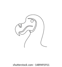 One single line drawing of adorable fun dodo bird head for logo identity. Extinct animal mascot concept for national conservation park icon. Continuous line graphic draw design vector illustration