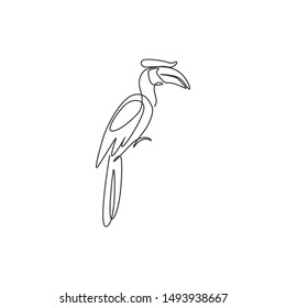 One single line drawing of adorable hornbill for zoo logo identity. Large size bird mascot concept for bird lover club icon. Modern continuous line draw design graphic vector illustration