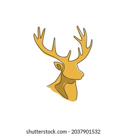 One single line drawing of adorable head deer for company logo identity. Cute reindeer mammal animal mascot concept for public zoo. Trendy continuous line draw design vector graphic illustration