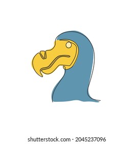 One single line drawing of adorable fun dodo bird head for logo identity. Extinct animal mascot concept for national conservation park icon. Continuous line graphic draw design vector illustration