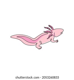 Un dibujo de una sola línea de adorable axolotl para la identidad del logo de la compañía. Concepto de mascota de salamandra neotenico para ícono de criatura acuática. Ilustración de líneas continuas moderna de diseño gráfico vectorial