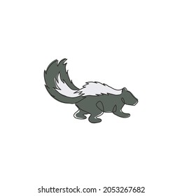 One single line drawing of adorable striped skunk for company logo identity. Sprayer liquid with stink smell animal mascot concept for zoo icon. Modern continuous line draw design vector illustration