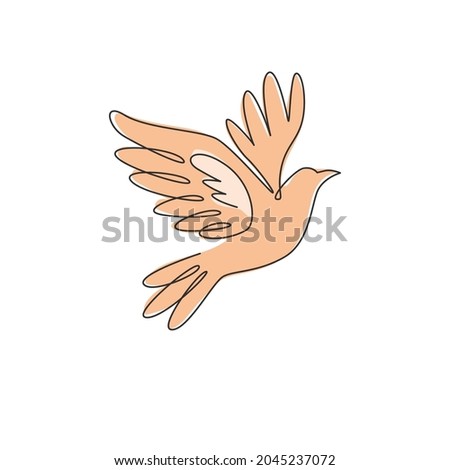 One single line drawing of adorable elegant fly dove bird for logo identity. Cute pigeon mascot concept for bird lover club icon. Dynamic continuous line draw design graphic vector illustration