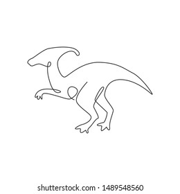 One single line drawing of aggressive parasaurolophus for logo identity. Dino animal mascot concept for prehistoric theme park icon. Trendy continuous line draw design vector graphic illustration