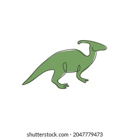 One single line drawing of aggressive parasaurolophus for logo identity. Dino animal mascot concept for prehistoric theme park icon. Modern continuous line draw design graphic vector illustration