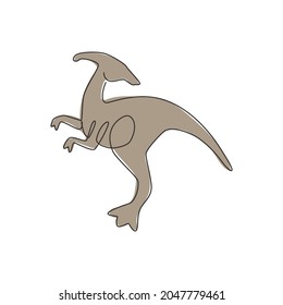 One single line drawing of agile and fast parasaurolophus for logo identity. Dino animal mascot concept for prehistoric theme park icon. Dynamic continuous line draw design graphic vector illustration