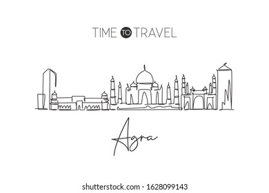 One single line drawing of Agra city skyline, India. Historical town landscape poster print. Best holiday destination. Editable stroke trendy continuous line draw design vector graphic illustration