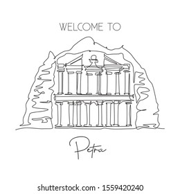 One single line drawing Al Khazneh Petra old temple landmark. Famous place in Jordan. Tourism travel postcard home wall decor poster art concept. Modern continuous line draw design vector illustration