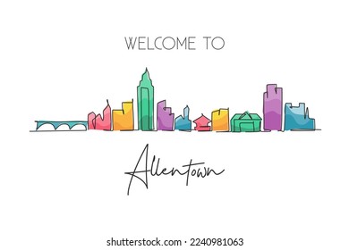 One single line drawing Allentown city skyline, Pennsylvania. World historical town landscape postcard. Best holiday destination. Editable stroke trendy continuous line draw design vector illustration