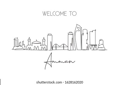 One single line drawing of Amman city skyline, Jordan. Historical town landscape in the world. Best holiday destination. Editable stroke trendy continuous line draw design graphic vector illustration