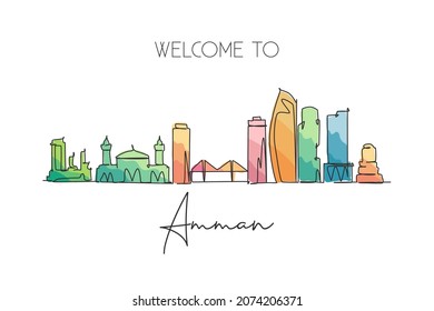 One single line drawing of Amman city skyline, Jordan. Historical town landscape in the world. Best holiday destination. Editable stroke trendy continuous line draw design graphic vector illustration