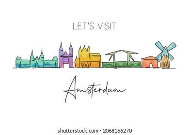 One single line drawing of Amsterdam city skyline, Netherlands. Historical skyscraper landscape in world. Best holiday destination wall decor poster. Continuous line draw design vector illustration