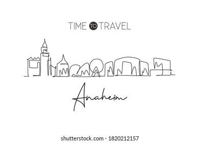 One single line drawing of Anaheim city skyline, California. Historical town landscape in the world. Best holiday destination. Editable stroke trendy continuous line draw design vector illustration