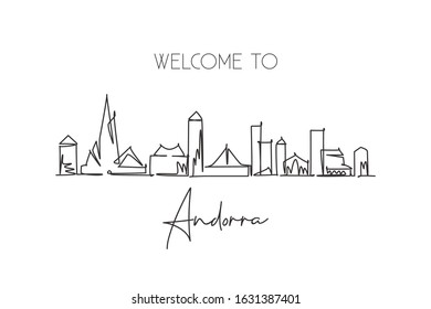 One Single Line Drawing Of Andorra La Vella City Skyline. World Historical Town Landscape. Best Place Holiday Destination Postcard. Editable Stroke Continuous Line Draw Design Vector Art Illustration