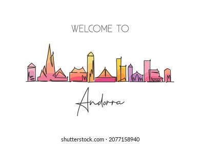 One Single Line Drawing Of Andorra La Vella City Skyline. World Historical Town Landscape. Best Place Holiday Destination Postcard. Editable Stroke Continuous Line Draw Design Vector Art Illustration