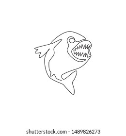 One Single Line Drawing Of Angry Piranha For Logo Identity. Amazon River Fish Mascot Concept For Monster Creature Icon. Continuous Line Graphic Draw Design Vector Illustration