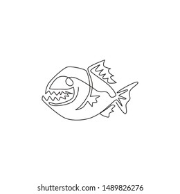 One Single Line Drawing Of Angry Piranha For Logo Identity. Amazon River Fish Mascot Concept For Monster Creature Icon. Continuous Line Graphic Draw Design Vector Illustration