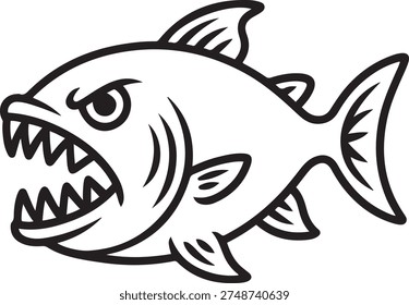 One single line drawing of angry piranha for logo identity. Amazon river fish mascot concept for monster creature icon. one line Icon drawing
