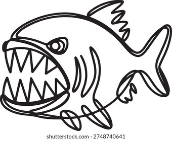 One single line drawing of angry piranha for logo identity. Amazon river fish mascot concept for monster creature icon. one line Icon drawing
