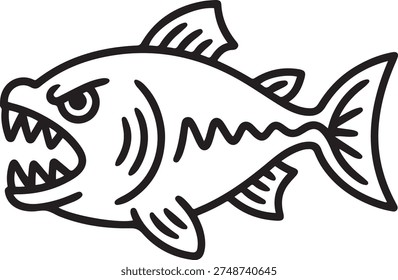 One single line drawing of angry piranha for logo identity. Amazon river fish mascot concept for monster creature icon. one line Icon drawing
