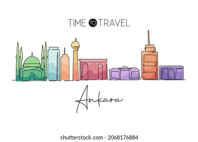 One single line drawing of Ankara city skyline, Turkey. Historical town landscape in the world. Best holiday destination. Editable stroke trendy continuous line draw design vector illustration