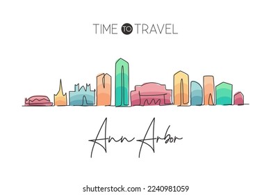 One single line drawing Ann Arbor city skyline, Michigan. World historical town landscape postcard. Best holiday destination. Editable stroke trendy continuous line draw design vector illustration