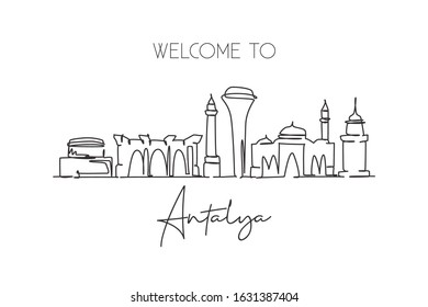 One single line drawing Antalya city skyline, Turkey. World historical town landscape. Best place holiday destination postcard. Editable stroke trendy continuous line draw design vector illustration