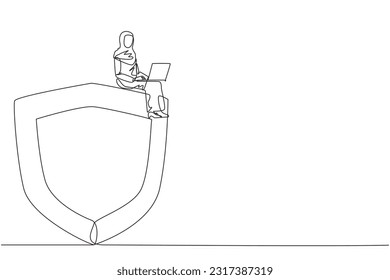 One single line drawing Arabian businesswoman sitting on giant shield. Make a program for data security on a laptop computer from hacker attacks. Network security administrator. Continuous line design