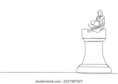 One single line drawing Arabian businesswoman sitting on giant rook piece chess while holding on laptop computer. Playing chess games online. Metaphor of victory of business. Continuous line design