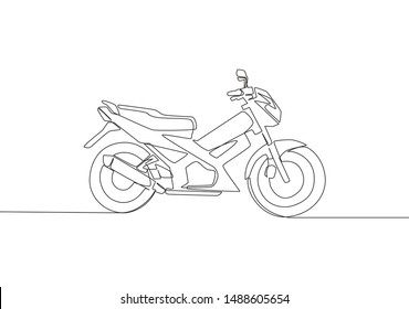 One single line drawing of Asian underbone motorbike logo. Urban ride motorcycle concept. Continuous line draw design vector illustration