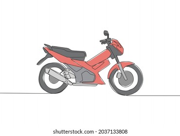 One single line drawing of Asian underbone motorbike logo. Urban ride motorcycle concept. Continuous line draw design vector illustration