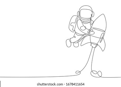 One single line drawing of astronaut in spacesuit floating and discovering deep space while holding rocket spaceship illustration. Exploring outer space concept. Modern continuous line draw design