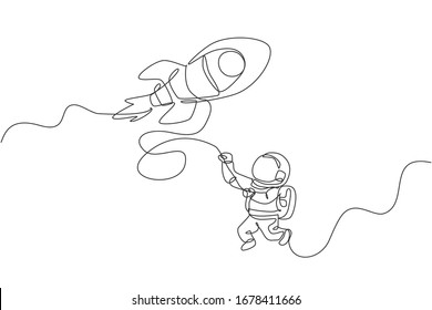 One single line drawing astronaut in spacesuit floating and discovering deep space with rocket spaceship vector illustration. Exploring outer space concept. Modern continuous line draw graphic design