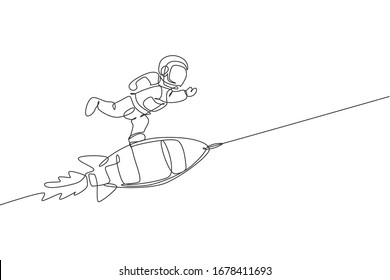 Eine einzige Linie Zeichnung des Astronauten im Raumschiff, der den Weltraum schwimmt und entdeckt, während er auf der Raumschiff-Illustration der Rakete steht. Erforschung des Weltraumkonzepts. Modernes Design für fortlaufende Linienführung