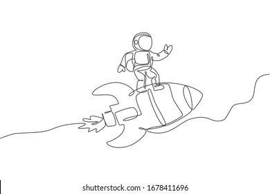 One single line drawing of astronaut in spacesuit flying and discovering deep space while standing on rocket spaceship illustration. Exploring outer space concept. Modern continuous line draw design