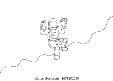 One single line drawing of astronaut flying in cosmos galaxy while holding soft soda drink and french fries vector illustration. Fantasy outer space life concept. Modern continuous line draw design
