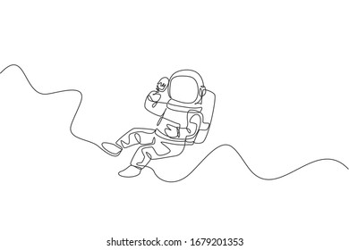 One single line drawing astronaut flying relax in cosmos galaxy while eating sweet popsicle ice cream graphic vector illustration. Fantasy outer space life concept. Modern continuous line draw design