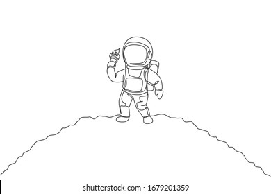 One single line drawing astronaut walking om moon surface while eating sweet cold milk ice cream cone graphic vector illustration. Fantasy outer space life concept. Modern continuous line draw design