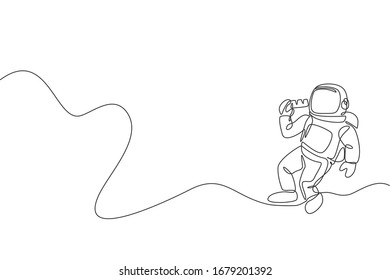One single line drawing of astronaut flying in cosmos galaxy while eating sweet milk chocolate bar graphic vector illustration. Fantasy outer space life concept. Modern continuous line draw design