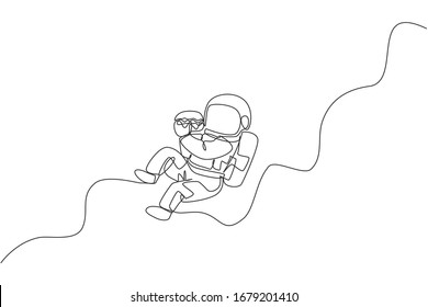 One single line drawing of astronaut flying in cosmos galaxy while eating spicy delicious burger vector graphic illustration. Fantasy outer space life concept. Modern continuous line draw design