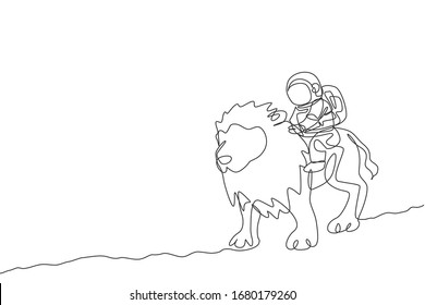 One single line drawing of astronaut riding lion, wild animal in moon surface vector illustration. Cosmonaut safari journey concept. Modern continuous line draw design graphic