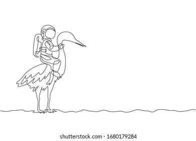 One single line drawing of astronaut riding heron bird, wild animal in moon surface vector illustration. Cosmonaut safari journey concept. Modern continuous line draw graphic design