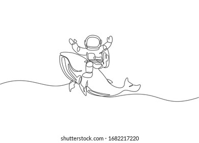 One single line drawing of astronaut riding blue whale, giant mammal animal in galaxy nebula vector illustration. Cosmonaut journey concept. Modern continuous line draw graphic design