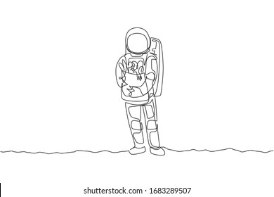 One single line drawing of astronaut bring paper bag full of groceries on chest in moon surface in moon surface vector illustration. Outer space farming concept. Modern continuous line draw design