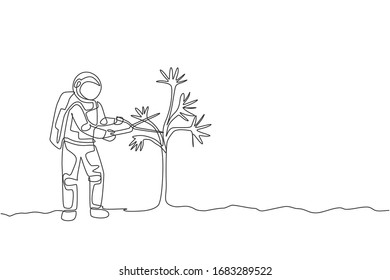 Dibujo de una sola línea de hoja de árbol de corte astronauta utilizando tijera de jardinería o en la ilustración vectorial de la superficie lunar. Concepto de jardinería en el espacio ultraterrestre. Diseño moderno de líneas continuas